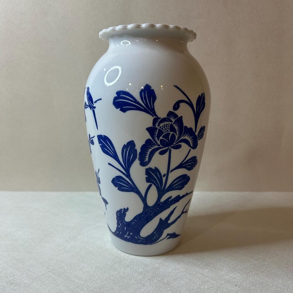 Vintage Blue and White Porcelain Bird and Floral Vase, Chinoiserie